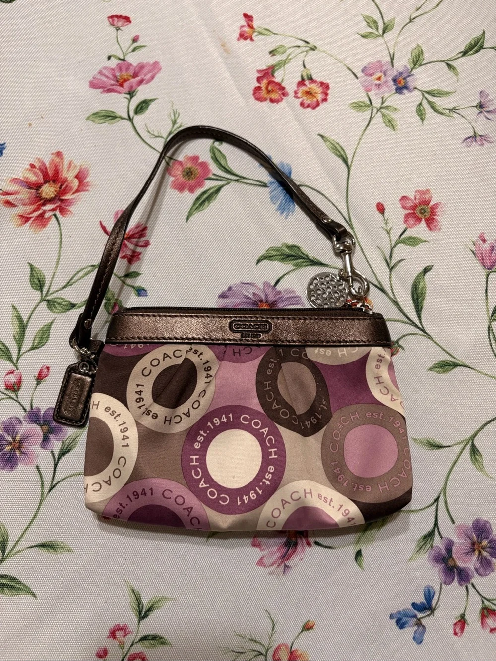 Coach Madison C logo Print Wristlet in Pink, Brown & Cream